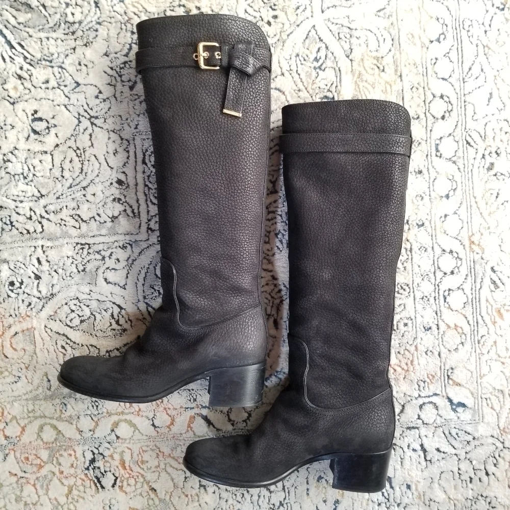 LOUIS VUITTON Black Grained Leather Suede Knee High Boots 35.5 - Picture 13 of 17
